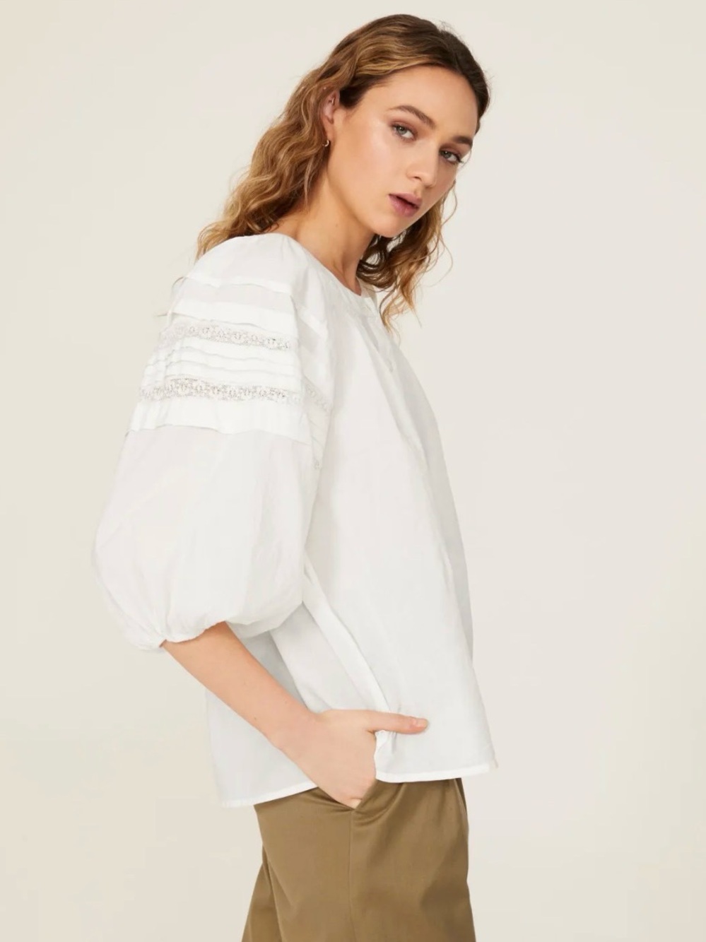 J. Crew White Puff-Sleeve Blouse with Lace Trim